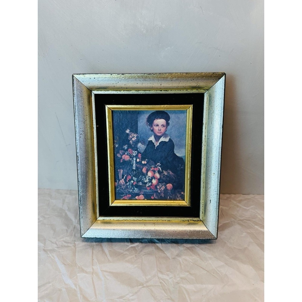 vintage 1970s silver leaf framed 'boy with still life' lithograph 8x7